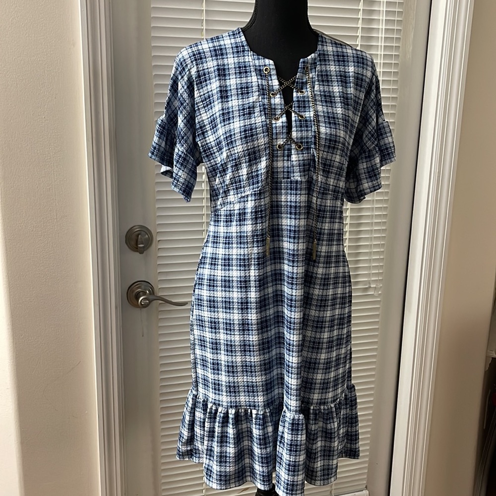 Michael Kors Blue Plaid Chambray Short Flutter Sleeve Flounce Dress w/ Metal Tie